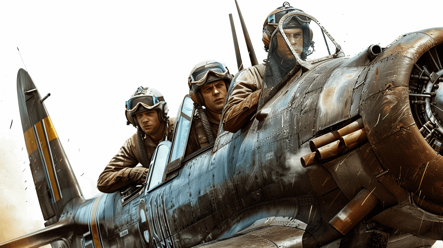 three man in airplane, ww2 fighter plane , photorealistic, cinematic,