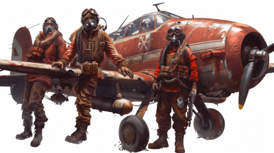 A highly detailed concept art of the crew members standing next to an airplane. They all wear red and brown with gas masks on their faces, they have guns in hand and look very serious. A full body shot, isolated on a white background, in the style of Maciej Kuciara.