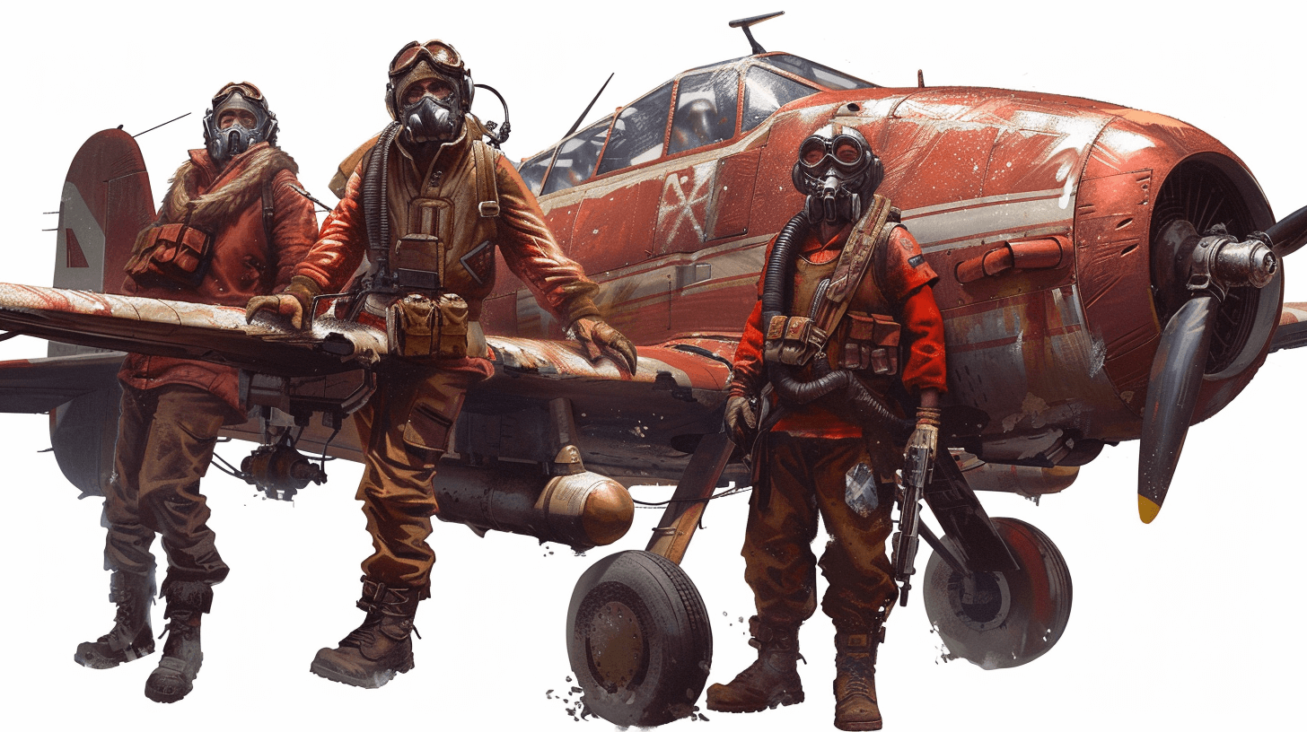 A highly detailed concept art of the crew members standing next to an airplane. They all wear red and brown with gas masks on their faces, they have guns in hand and look very serious. A full body shot, isolated on a white background, in the style of Maciej Kuciara.