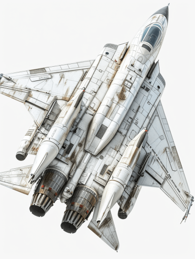 Side view of an F-4 Phantom fighter jet, with detailed texture and cut out of metal panels on a white background. A 3D render with hyper realistic studio lighting and high resolution photography, showing hyperrealistic details and ultra detailed textures.