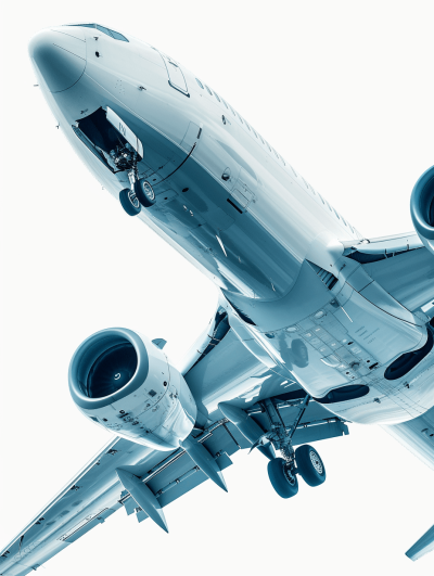 A commercial airplane taking off, white background, blue and gray tones, macro photography, ultrahigh definition, high resolution, professional lighting, soft shadows, precise details, modern design style, high angle view, high detail, isolated on the left side of the picture. The plane is in flight with its engine in full display. There should be no text or other elements inside the scene. This will highlight only one object in focus, making it suitable for advertising and graphic designs.