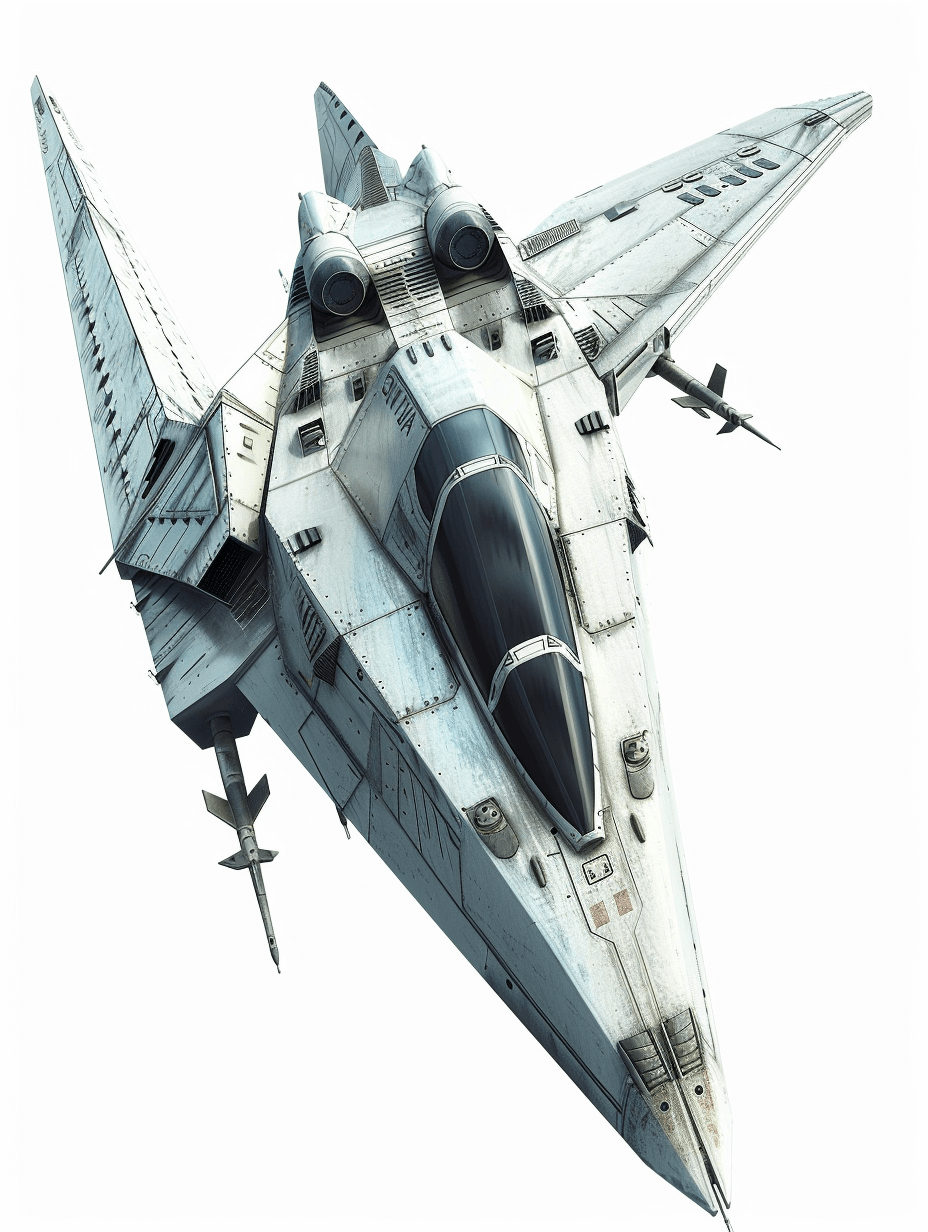 A detailed illustration of an alien fighter jet, white background, flying in the air, with sharp edges and fine details, high resolution, no shadows, top view, no text or letters on it. The style is realistic, with a focus on realism and texture.