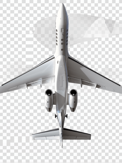 Sleek private jet flying, transparent background PNG cutout, ultradetailed top view with highresolution details and shadows for depth