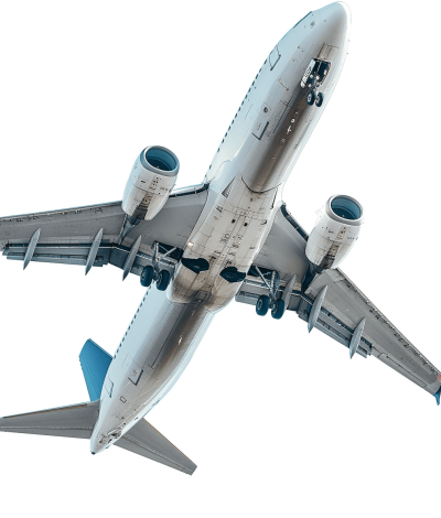 Airplane, transparent background, realistic photo style, white and blue color scheme, detailed depiction of the aircraft's engine and wing structure, high angle view. The plane is flying in midair with its wings spread wide to show off their details. There should be no other elements such as people or vehicles on it.