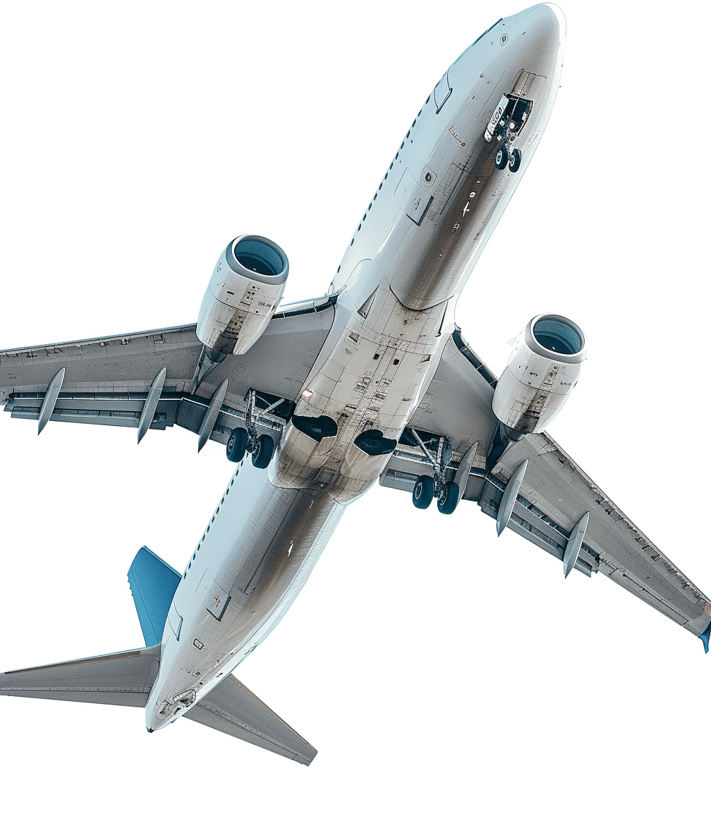 Airplane, transparent background, realistic photo style, white and blue color scheme, detailed depiction of the aircraft’s engine and wing structure, high angle view. The plane is flying in midair with its wings spread wide to show off their details. There should be no other elements such as people or vehicles on it.