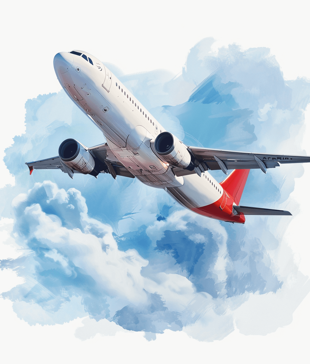 A white and red airplane flying in the sky in the style of cartoon, with watercolor brush strokes, digital art, high resolution, high detail, illustration, of an airbus A320279 with a background of clouds, vector graphic, simple design, no shadows on the plane, white space around for print.