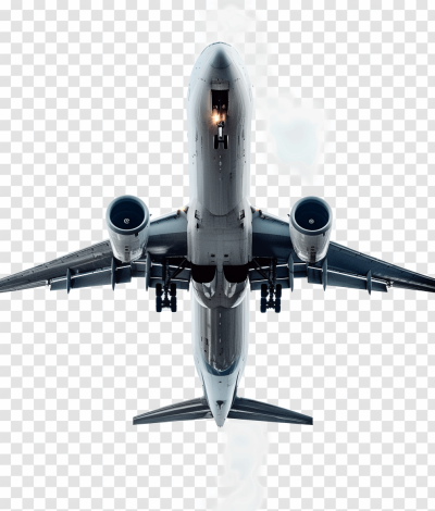 Commercial airplane flying, transparent background PNG file, top view