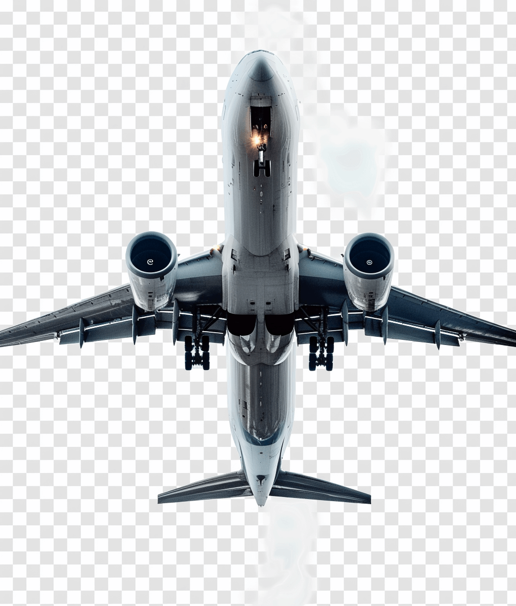 Commercial airplane flying, transparent background PNG file, top view