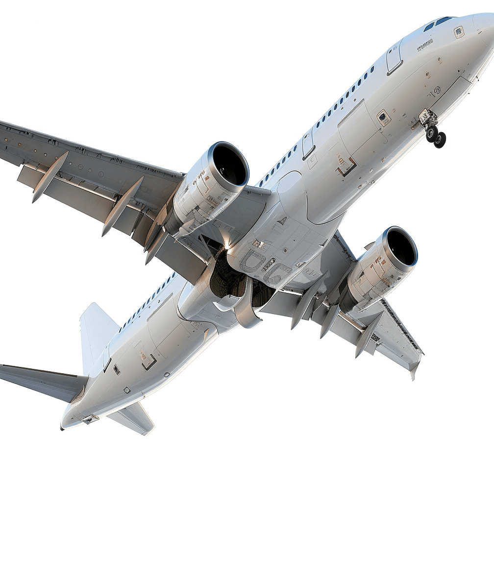 Airplane in flight against a white background, in the style of an ultra realistic photo with no shadows on the plane body. High resolution 3D rendering with high detail and sharp focus. Super realistic and clean style.