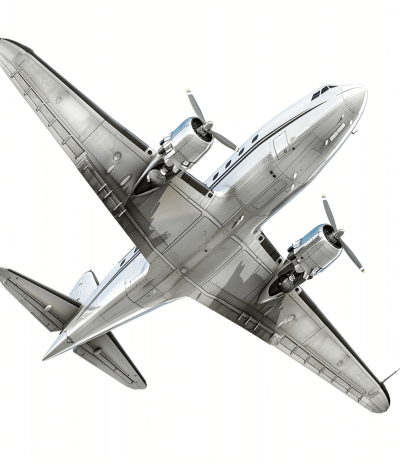 A photorealistic rendering of an old silver DC3 airplane flying in the sky, viewed from above, white background, no shadows, no reflections, no watermarks, high resolution