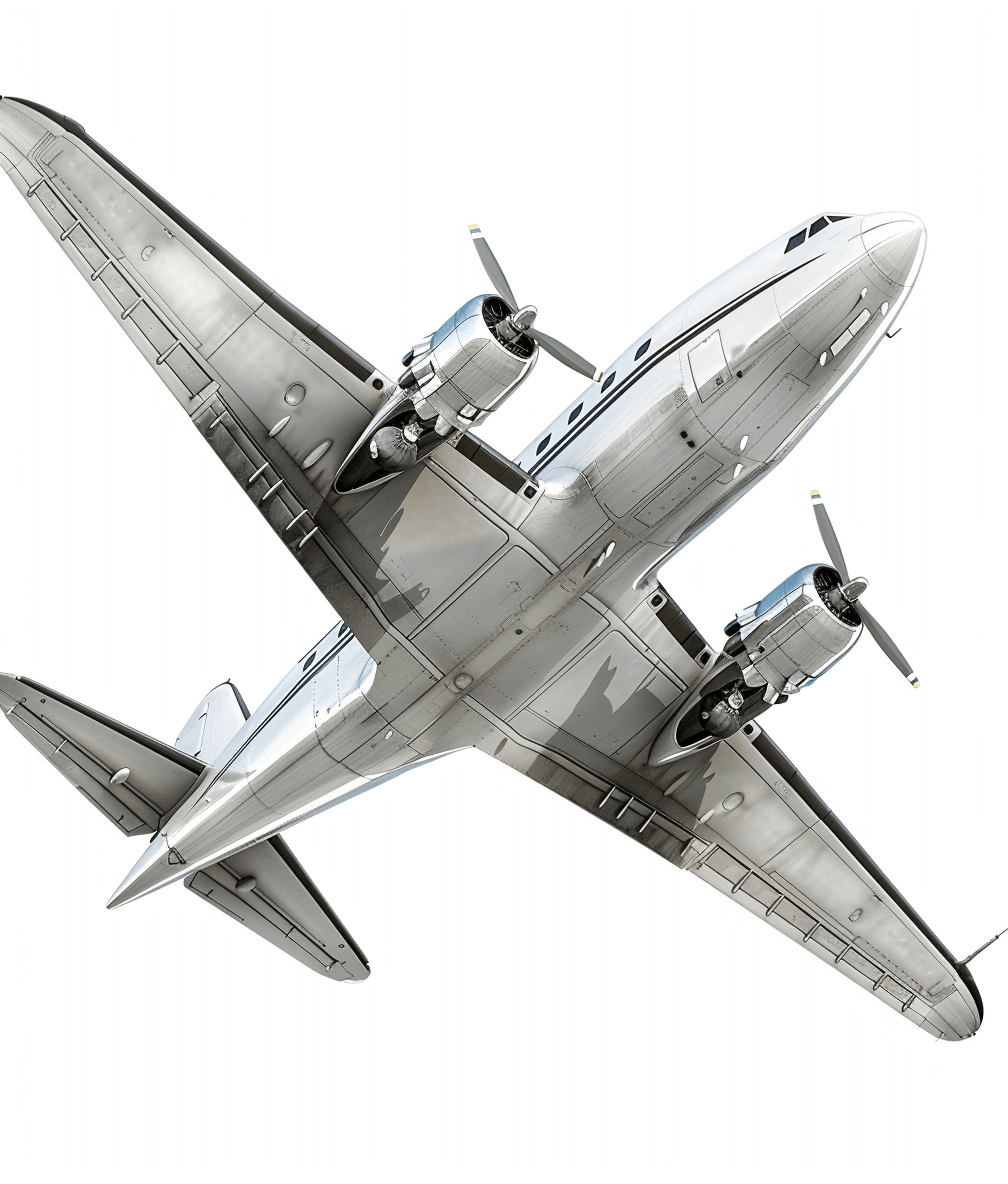 A photorealistic rendering of an old silver DC3 airplane flying in the sky, viewed from above, white background, no shadows, no reflections, no watermarks, high resolution