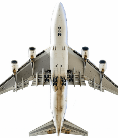 A complete Boeing 747 airplane top view with no background and white background, no shadows, in a high resolution photographic style with no repeated words or Chinese characters. The super realistic photo was taken in the style of Canon EOS R5 for a high definition image.