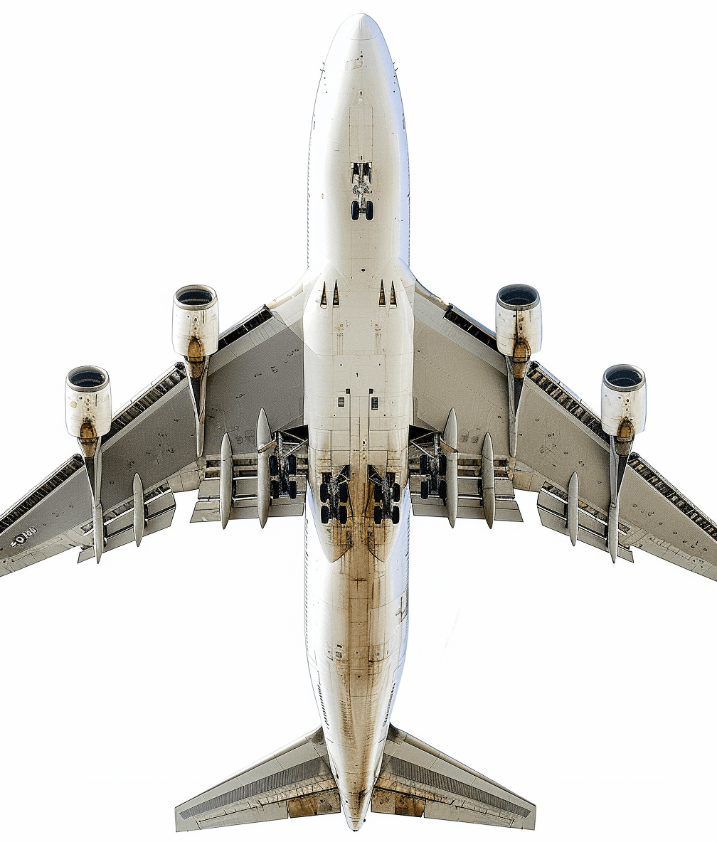 A complete Boeing 747 airplane top view with no background and white background, no shadows, in a high resolution photographic style with no repeated words or Chinese characters. The super realistic photo was taken in the style of Canon EOS R5 for a high definition image.