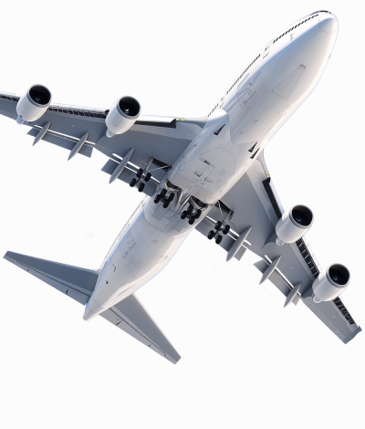 Realistic photograph of an complete" Large commercial airplane in flight isolated, solid stark white background, focused lighting