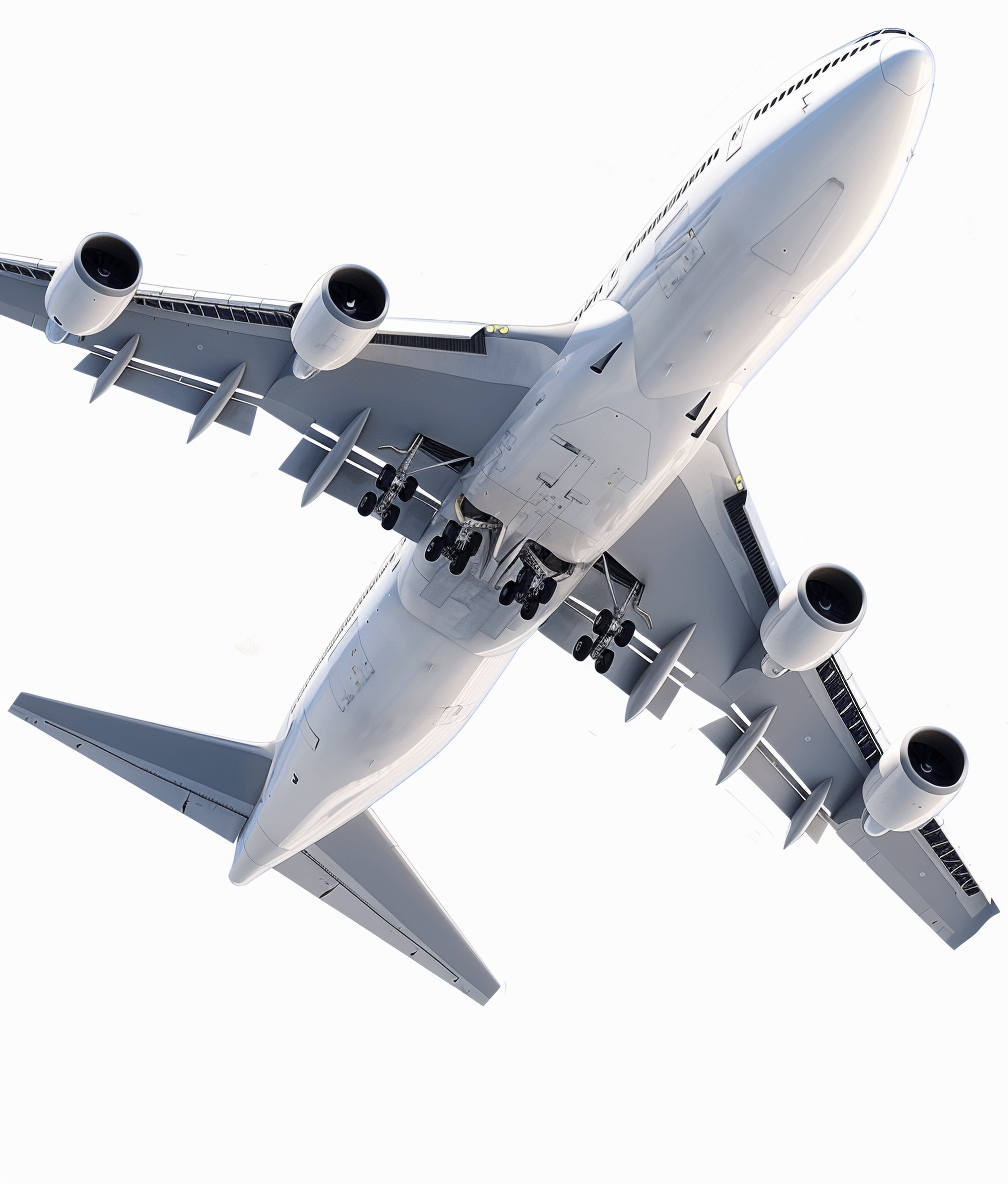 Realistic photograph of an complete” Large commercial airplane in flight isolated, solid stark white background, focused lighting