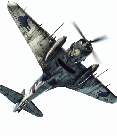 a realistic photo of an WW2 airplane flying, white background, high angle view, hyperrealistic details, detailed and intricate, sharp focus, studio lighting, professional color grading, isolated on white background