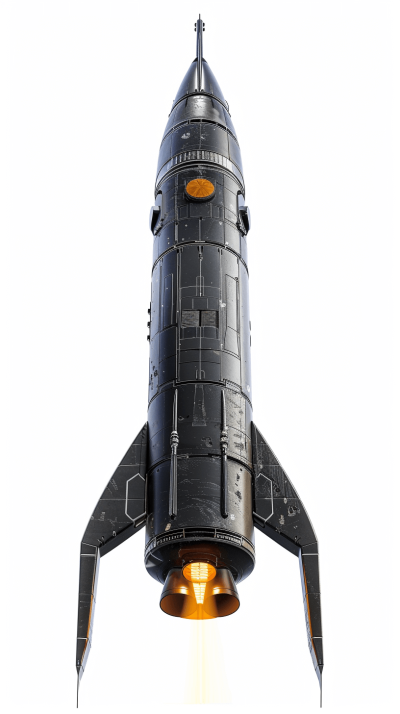 A realistic photo of an old black rocket with orange lights, isometric view, white background, isolated in the middle