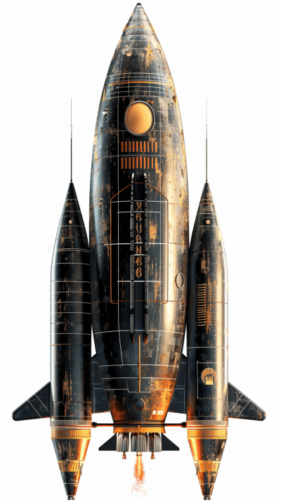 Retrofuturistic steampunk spaceship rocket, isolated on white background, hyper realistic oil painting with visible brush strokes in the style of [Greg Rutkowski](https://goo.gl/search?artist%20Greg%20Rutkowski) and in the style of [Thomas Gainsborough](https://goo.gl/search?artist%20Thomas%20Gainsborough), cyberpunk, retrocreature, dark gold black silver orange palette, digital art, octane render, hyper detailed