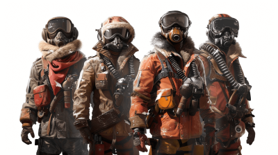 Four man winter character concept for the video game The Division, on a white background, wearing fur lined leather jackets and gas masks with various accessories such as backpacks or flashlights. The full body shot characters are drawn in the style of concept art for the game.