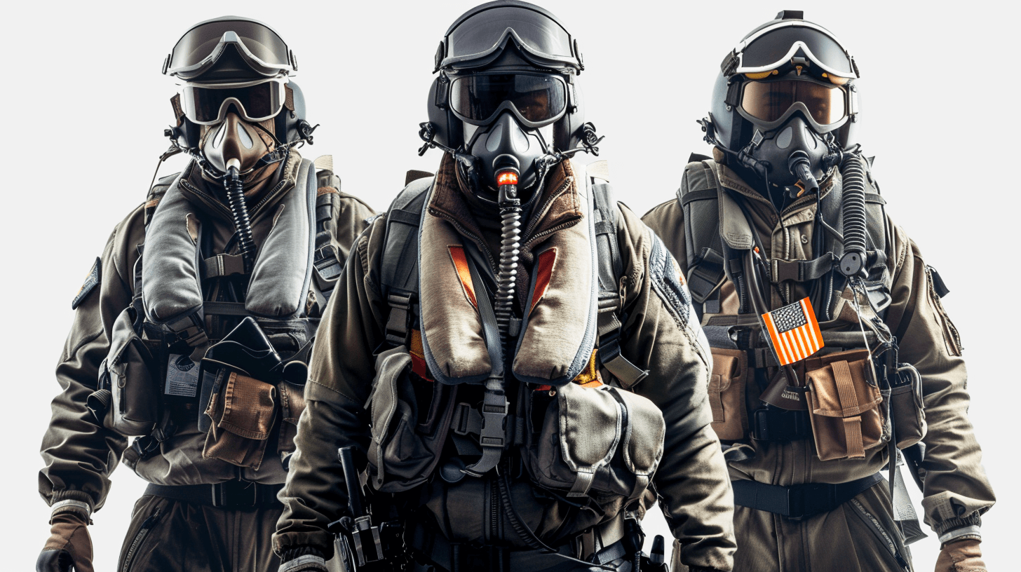 3 call of duty friends wearing air force pilot gear, on a white background, in a hyper realistic photographic style.