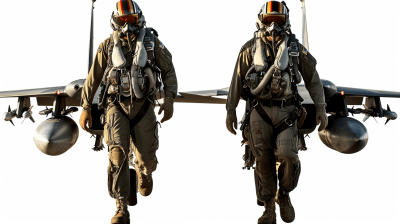 Two fighter pilots in their pilot gear walking towards the camera, one of them holding an F20 jet engine on his shoulder. The photo has a transparent background with high resolution and detail, resembling realistic photography. It could be used as a stock photo.