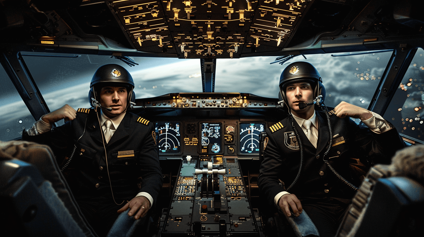 two airplane pilots in the cockpit, cinematic photography, wide shot, dramatic lighting, hyperrealistic, high resolution photography