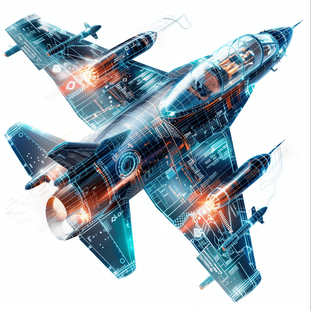 futuristic jet fighter with glowing intricate circuitry, transparent background style in the style of png on white background