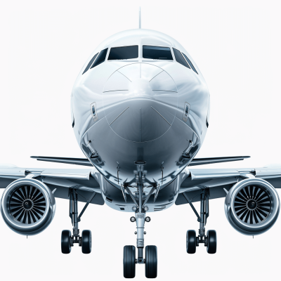 Front view of an airplane against a white background, with no shadows and in the hyper realistic, high resolution, high detail style. The front view has no blur, gradient, bokeh, depth of field, shadow, grainy textures, reflections or distortion.