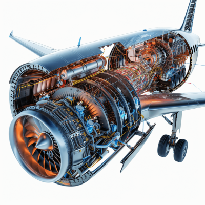 cutaway view of an airplane engine, technical drawing in the style of white background, technical details, realistic, high resolution, high detail, 3D rendering, high quality, high definition, sharp focus, professional photography, sharp lines, intricate design, perfect lighting, vibrant colors, hyperrealistic, hyperdetailed, high resolution, cinematic