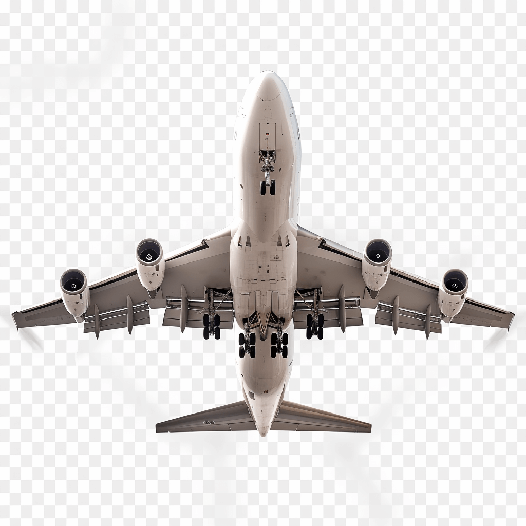 Boeing airplane, flying in the air, top view, transparent background PNG element cutout