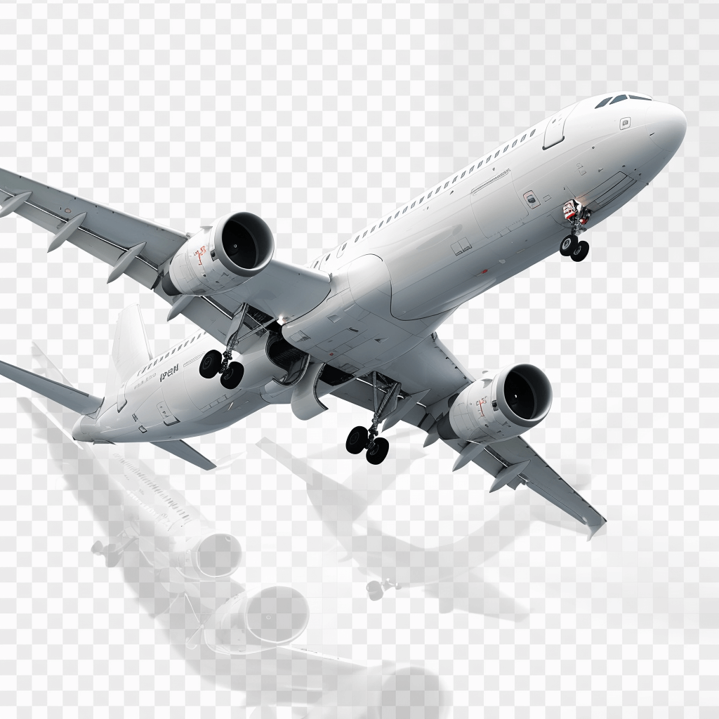 A white airplane flying in the air, transparent background PNG ultra realistic