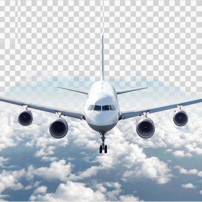 Realistic airplane flying in the sky, transparent background, png format, front view