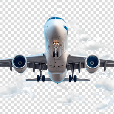 A realistic airplane flying in the sky with a transparent background PNG element for graphic design, cutout. The aircraft is seen from below with its engine and landing gear down, creating an impressive visual effect. This sticker can be used to create dynamic visuals or adding elements of travel to your designs.