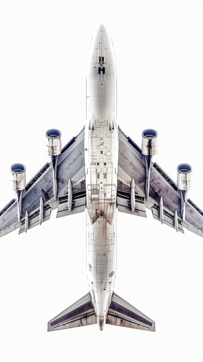 A complete airplane, symmetrical composition, top view, white background, detailed drawing, photo realistic style, with no text or letters on the plane body surface. The picture is centered around an A380 aircraft. There should be three engines and wings in front of it. It's a real photograph taken from above by a professional photographer. High definition photography. White background.