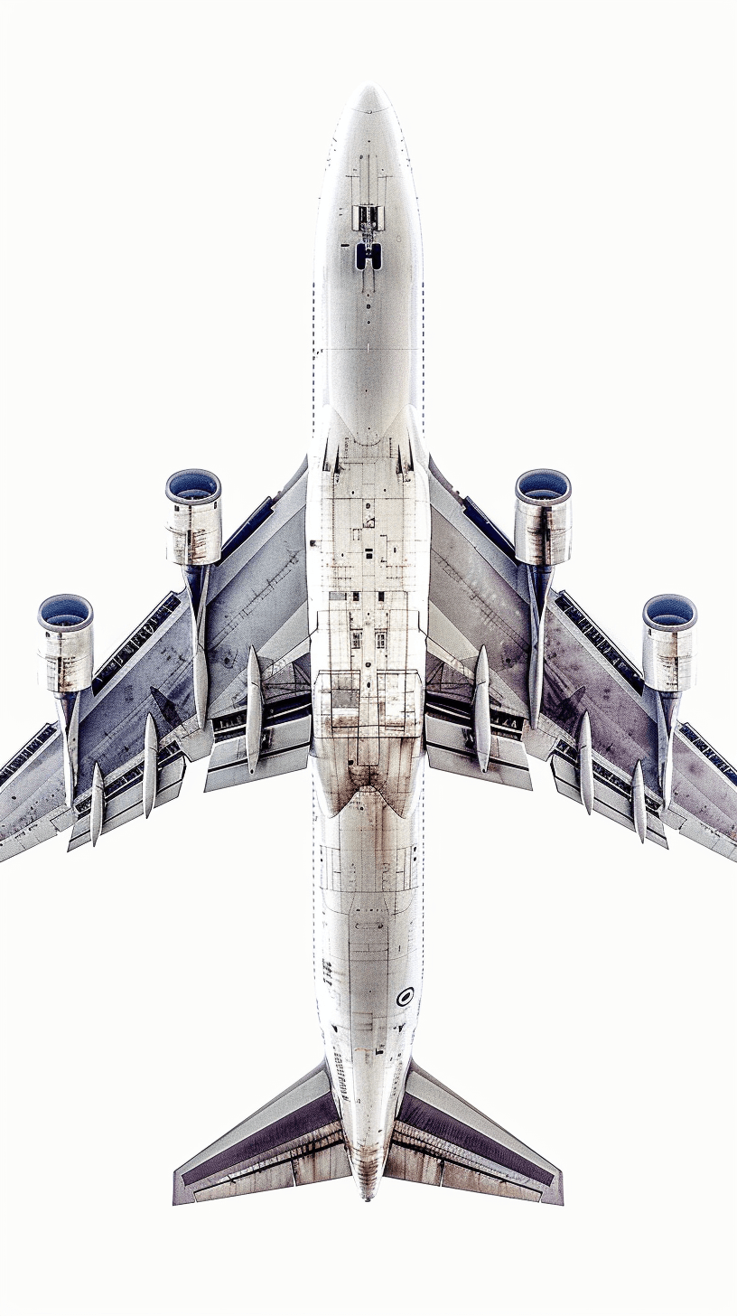 A complete airplane, symmetrical composition, top view, white background, detailed drawing, photo realistic style, with no text or letters on the plane body surface. The picture is centered around an A380 aircraft. There should be three engines and wings in front of it. It’s a real photograph taken from above by a professional photographer. High definition photography. White background.