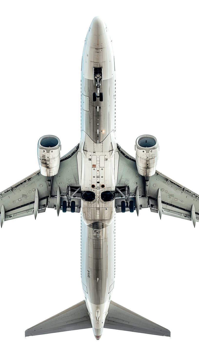 A complete and detailed photo of an airplane with a white background, shown from a top view, with high resolution, in the hyper realistic photographic style of raw imagery.