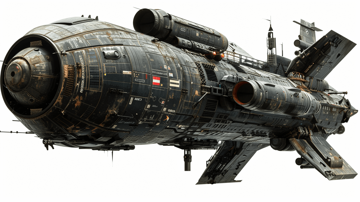 Side view of a huge space ship, in the realistic hyperdetailed rendering style, with dark gray and bronze colors against a white background, in a scifi style. Detailed character design with bold colorism and caravaggesque chiaroscuro lighting effects, presented at a high resolution.