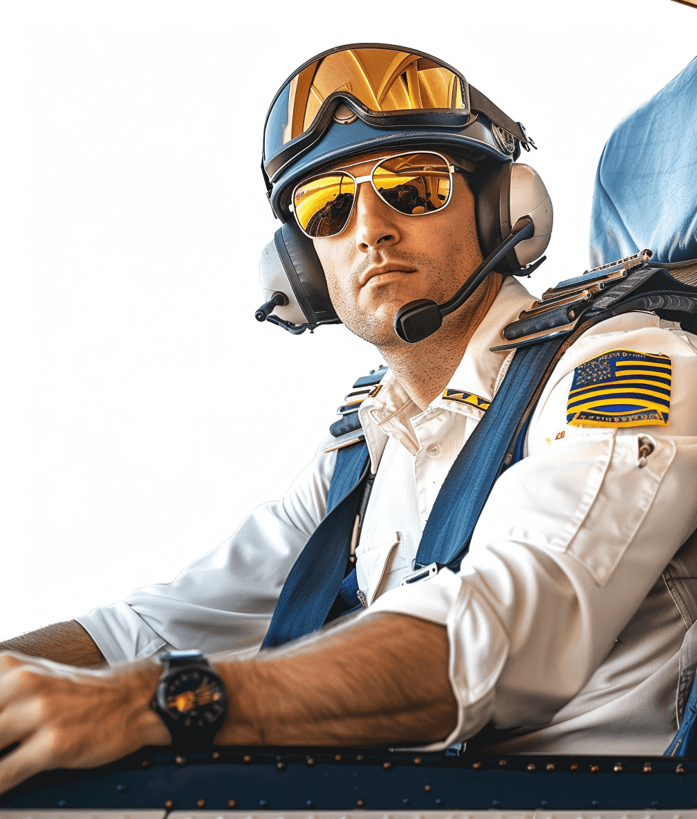 a pilot in the helicopter, white background, photorealistic, close up shot of his face and hands with sunglasses on and uniform and blue helmet, yellow patch with american flag, flying a bell m businessmen, looking at camera, flying a huge parked very high bellmastlyair , realistic, full body shot, white background, ultra detailed, sharp focus, 8 k resolution,