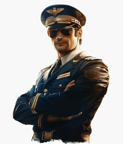 A full-bodied realistic pilot in a dark blue uniform with gold accents, wearing sunglasses and a hat in a crossed arms pose against a white background, concept art in the style of grimdark.