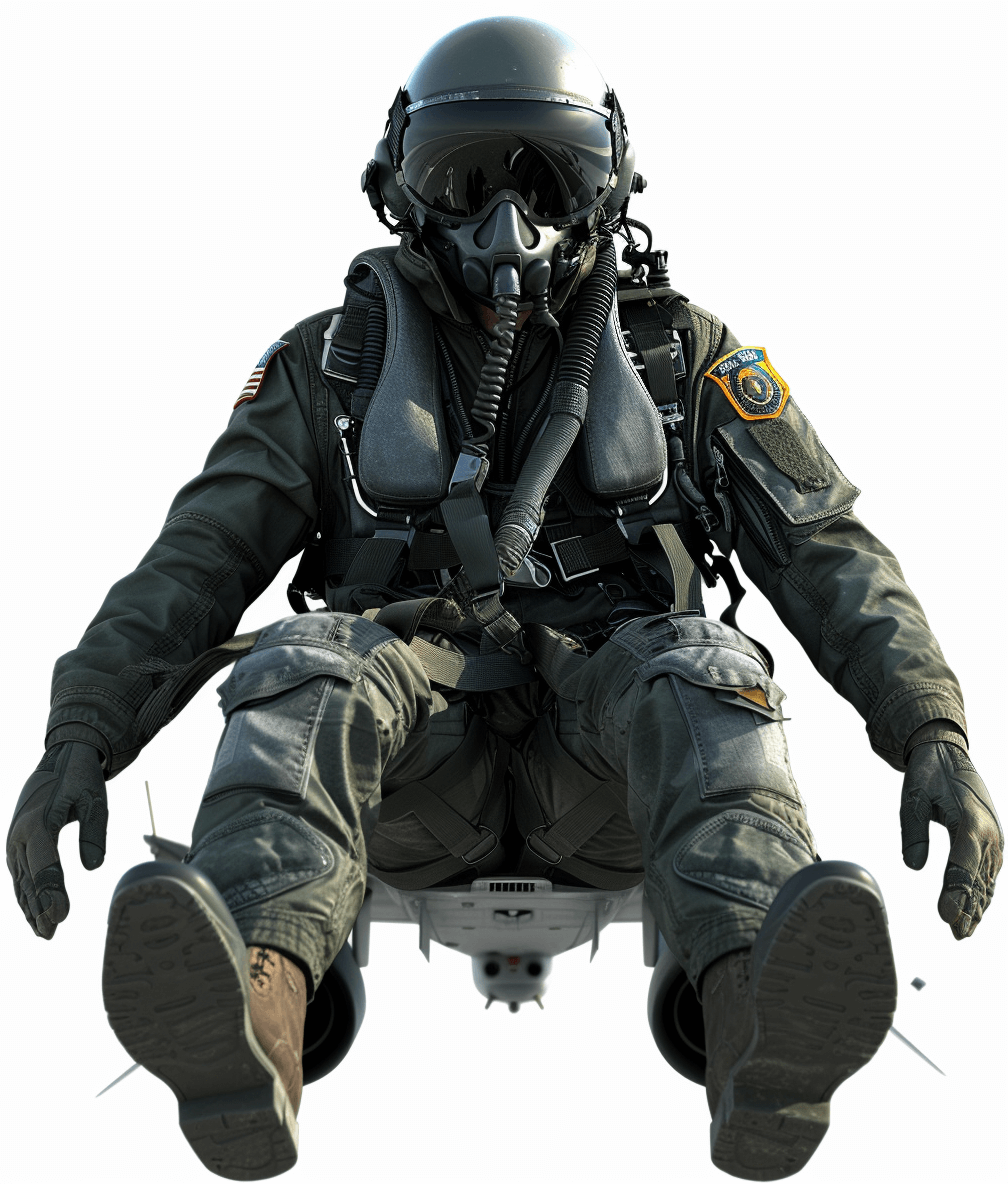 An F20 fighter jet pilot in full flight suit, helmet and goggles on his head, sitting inside the cockpit with legs hanging down outside, transparent background PNG cutout, highly detailed, hyper realistic