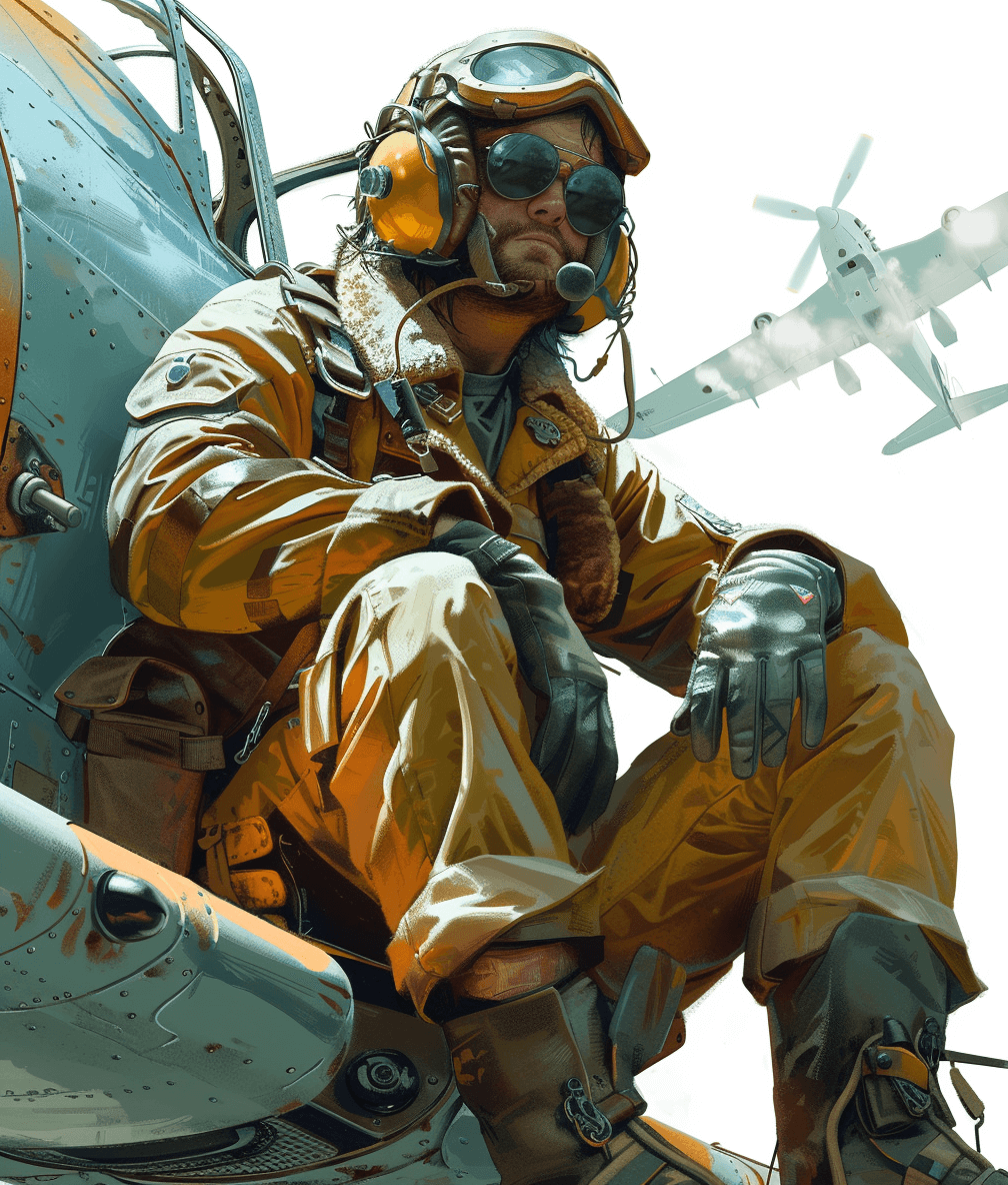 A World War II pilot sitting on the wing of his airplane, detailed character illustrations with texturerich canvases and strong lighting contrasts in a playful pose. Digital art techniques against a white background in the style of illustration with realistic oil painting techniques, a full body portrait in the style of cinematic light and shadow, a yellow jacket uniform and colorful costumes with dark amber and ultradetailed details in a style of high contrast photography and hyperrealistic details.