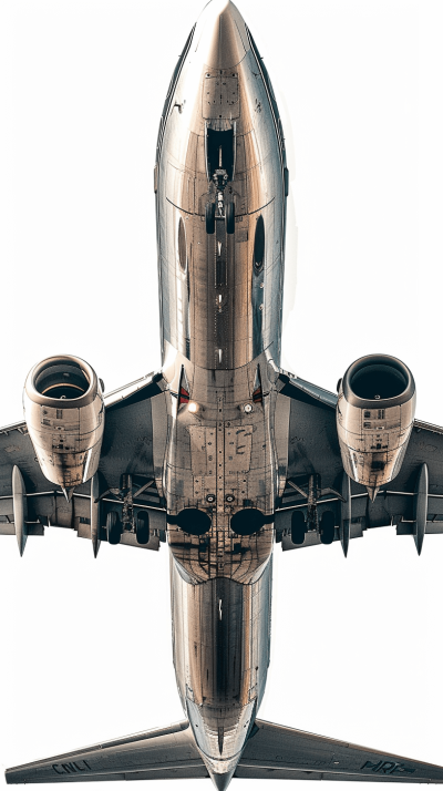 Realistic photograph of an airplane from above, isolated on a white background, focused and detailed view of the aircraft's engine, its metallic surface reflecting light, emphasizing its sleek design, with clear skies in the backdrop. The photograph appears to be in the style of a realistic technical rendering.