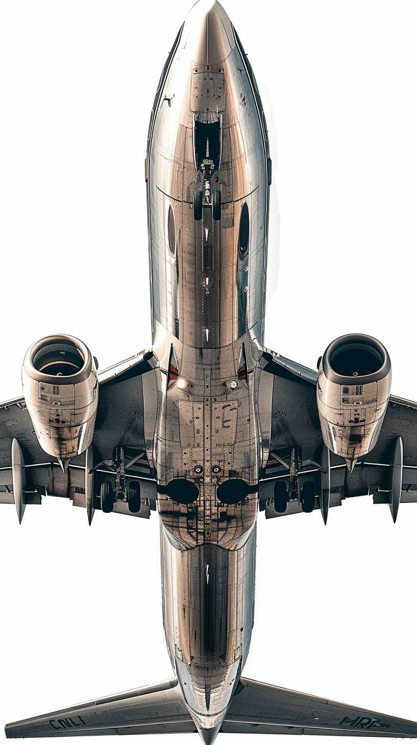 Realistic photograph of an airplane from above, isolated on a white background, focused and detailed view of the aircraft’s engine, its metallic surface reflecting light, emphasizing its sleek design, with clear skies in the backdrop. The photograph appears to be in the style of a realistic technical rendering.