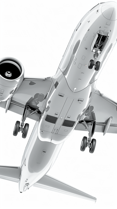 A complete silver and white private jet with an aerial view of the aircraft, showing its internal structure, engine parts, windows, and side angle view on the plane in a white background, in the style of a 3D rendering, with a cartoon realistic style, in an isometric view, with high resolution and ultrahigh definition details, and high detail.