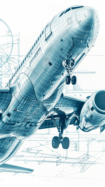 A blueprint of an airplane in the process of being built, showing intricate details and technical drawings. The focus is on one side of the plane's body with visible parts such as engines, wings, landing gear, and wing panels. In front there’s also some blueprints for runway lights and airport equipment. This scene conveys industrial design elements, combining artistry with technology to create visual representation of aircraft construction and engineering.