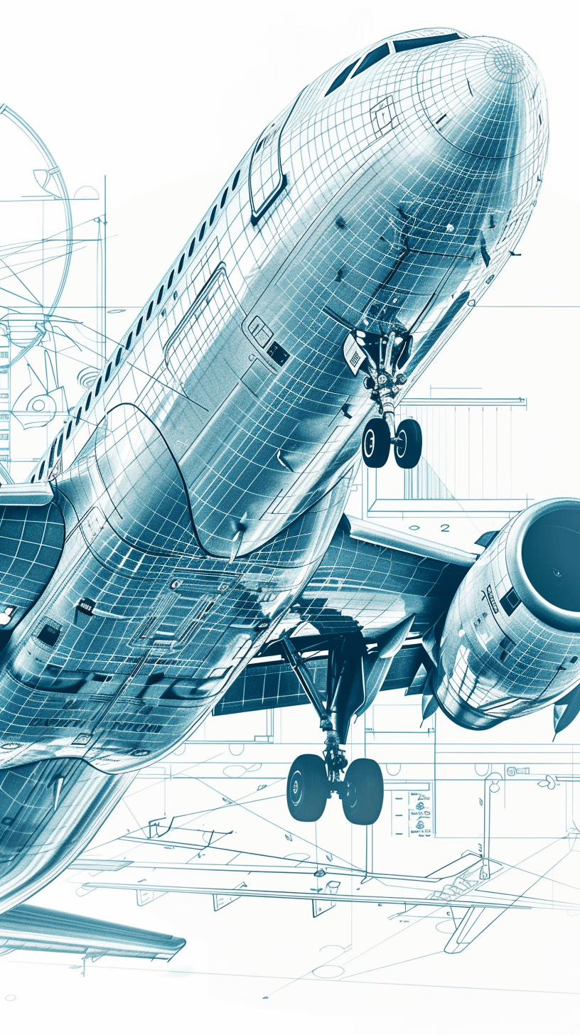 A blueprint of an airplane in the process of being built, showing intricate details and technical drawings. The focus is on one side of the plane’s body with visible parts such as engines, wings, landing gear, and wing panels. In front there’s also some blueprints for runway lights and airport equipment. This scene conveys industrial design elements, combining artistry with technology to create visual representation of aircraft construction and engineering.