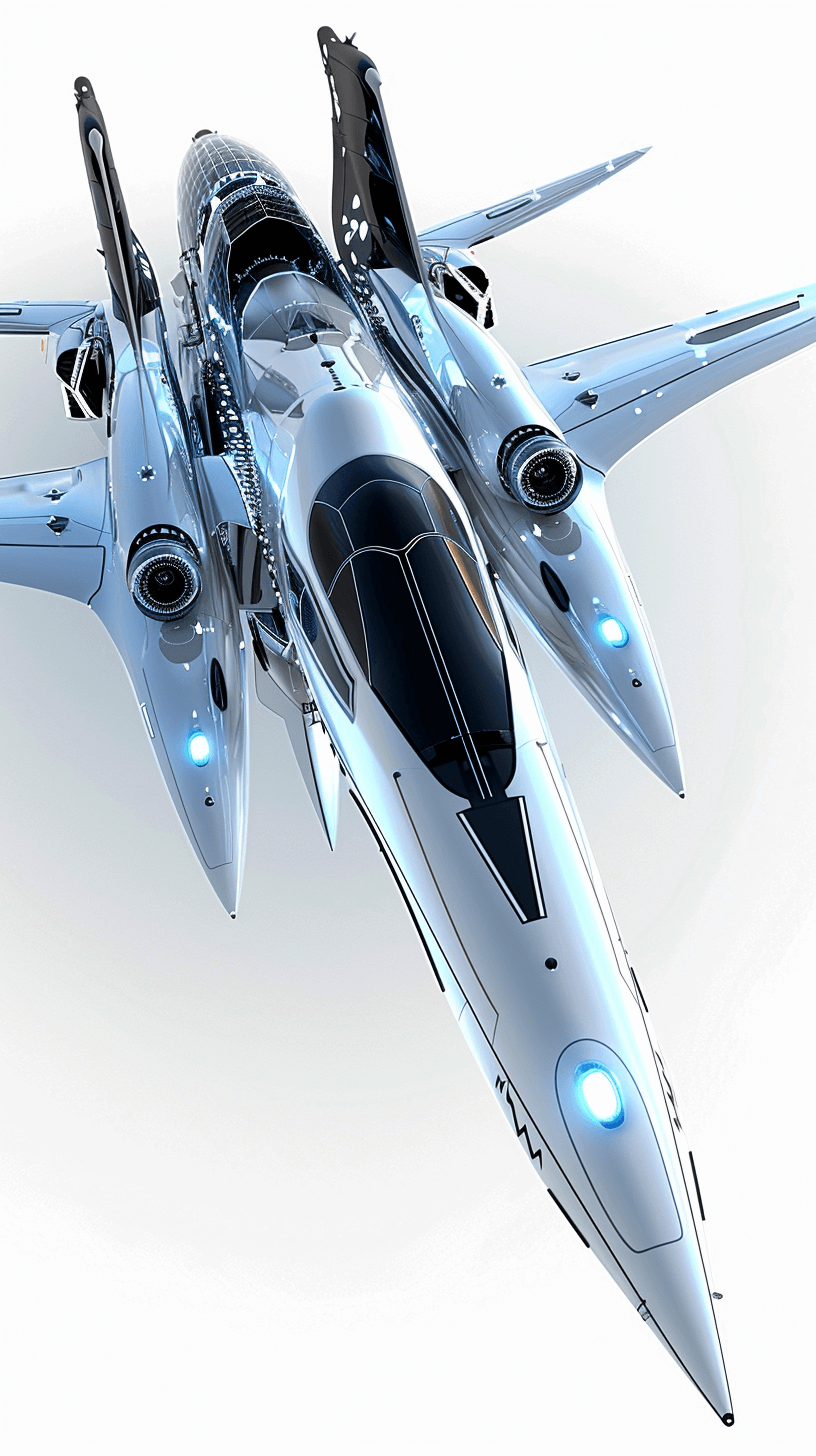 A sleek silver fighter jet with blue lights, in a top down view against a white background, in the style of anime.