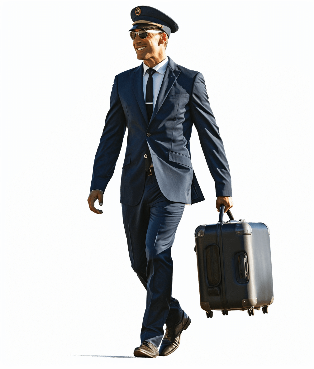 full body smiling pilot in a dark blue suit with sunglasses and black shoes, pulling his luggage while walking on a white background, photorealistic, ultra realistic, hyper detailed, stock photo, cinematic light, octane render, isolated, high resolution photography