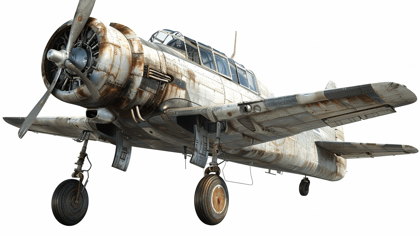 World War II airplane, rusty and weathered, flying in the air with no background, 3D rendering, white background, high resolution, highly detailed. The airplane appears to be in the style of a World War II era plane, flying through the sky without any other surroundings. The rendering is three-dimensional and highly detailed, set against a plain white background.