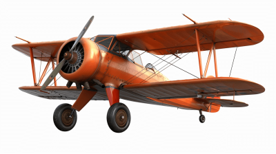 vintage biplane in orange color flying on a white background, with no shadows or reflections, in the photorealistic style of no artist, high resolution, high quality, high detail, sharp focus, soft lighting, straight view, without reflections, ambient occlusion, shading or gradients.